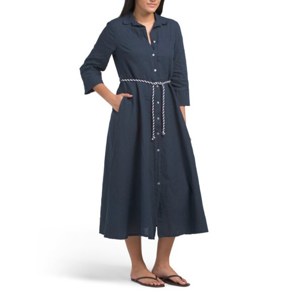 FRANCESCA BETTI Navy Made In Italy Linen Blend Three-quarter Sleeve Shirt Dress - Picture 1 of 2